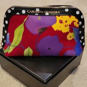 Carolina Herrera Red and Purple Cosmetic Bag Floral Design